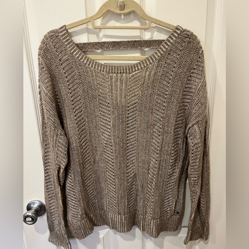 American Eagle Womens L Sweater Open Back Light Open Knit Oatmeal Beige Soo Soft